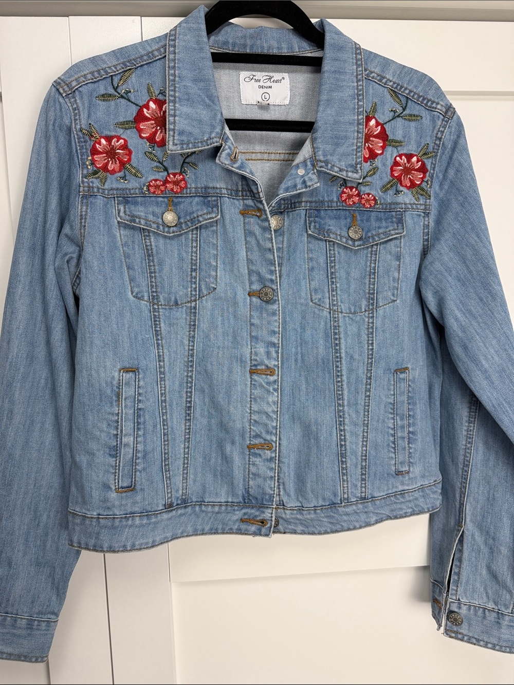 Denim Jacket with Red Floral Embroidery